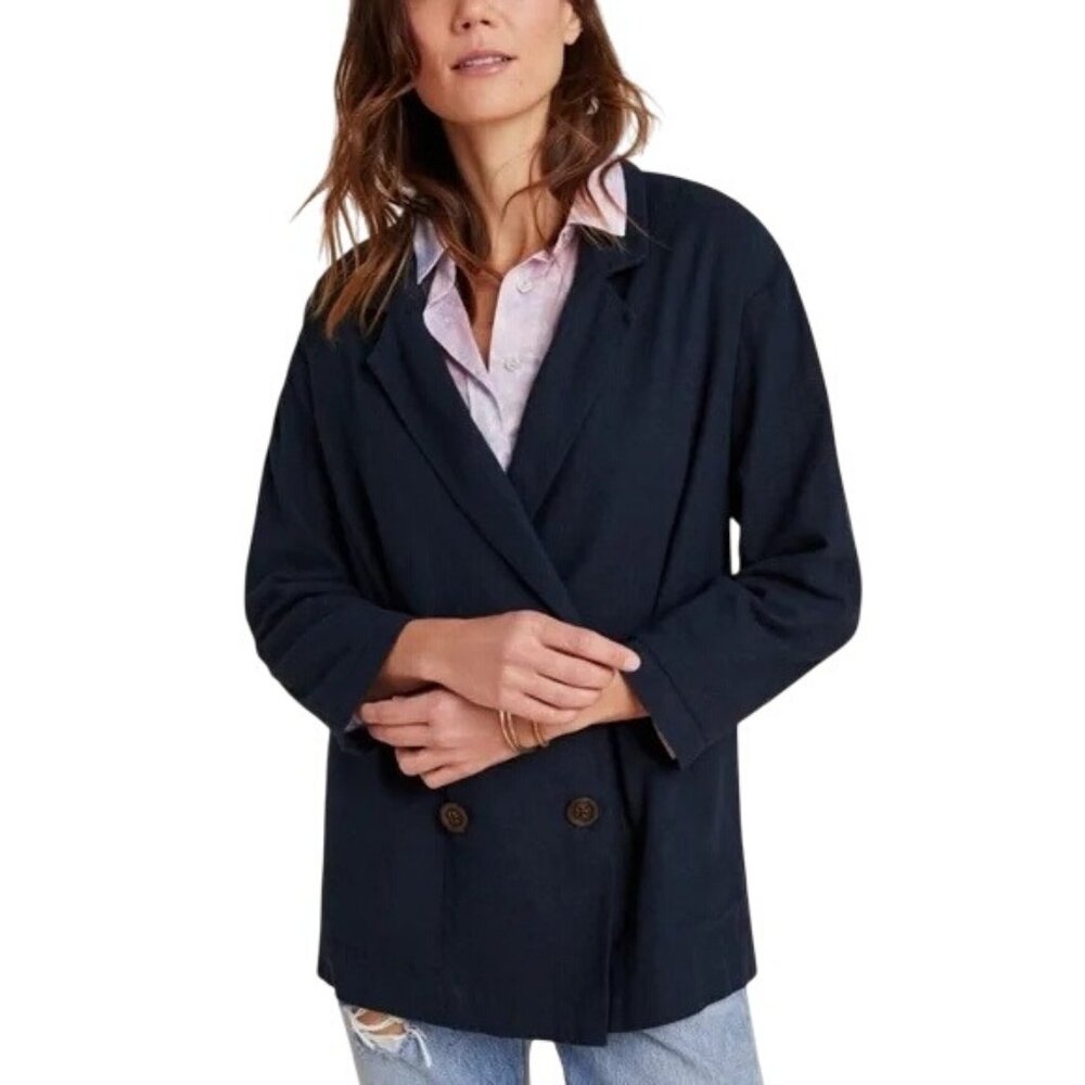 Anthropologie Amadi Blazer Jacket Small Petite Double Breasted Navy Linen Blend